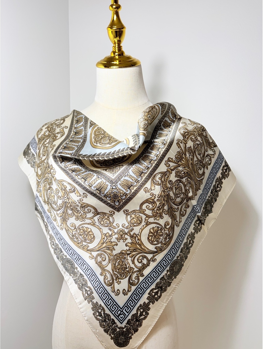 Elegant Scarf with Baroque-Inspired Gold and Brown Pattern on Cream